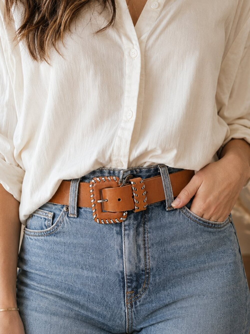 Accessories by Pearl Vintage Leather Whipstitch Wide Belt Tan Medium